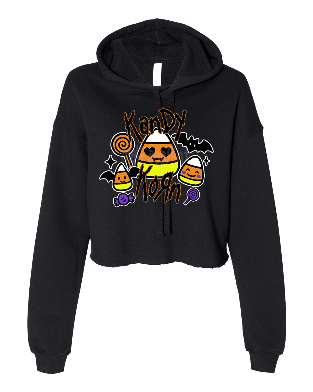 A black hoodie with a Halloween-themed graphic design featuring candy corn, bats, and a bat-like character.