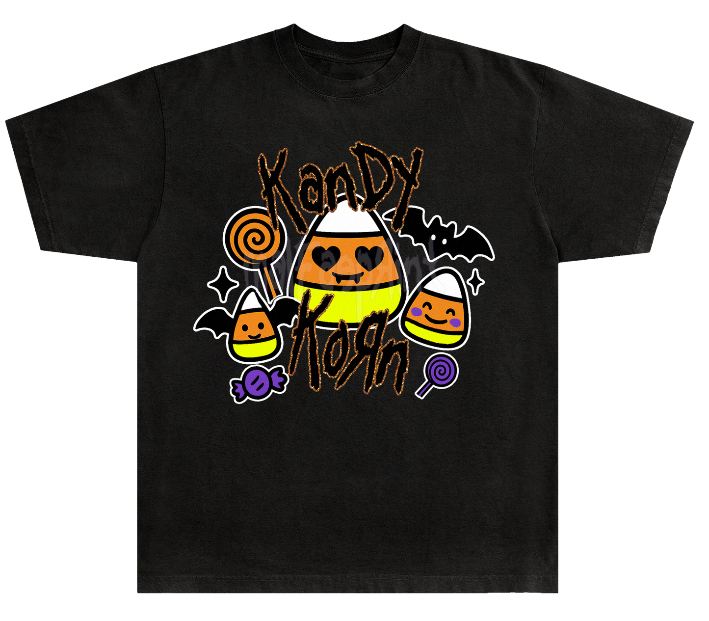 A black t-shirt with a Halloween-themed graphic design featuring a candy corn character surrounded by various Halloween-related elements such as bats, a bat-shaped lollipop, and a bat-shaped candy cane.