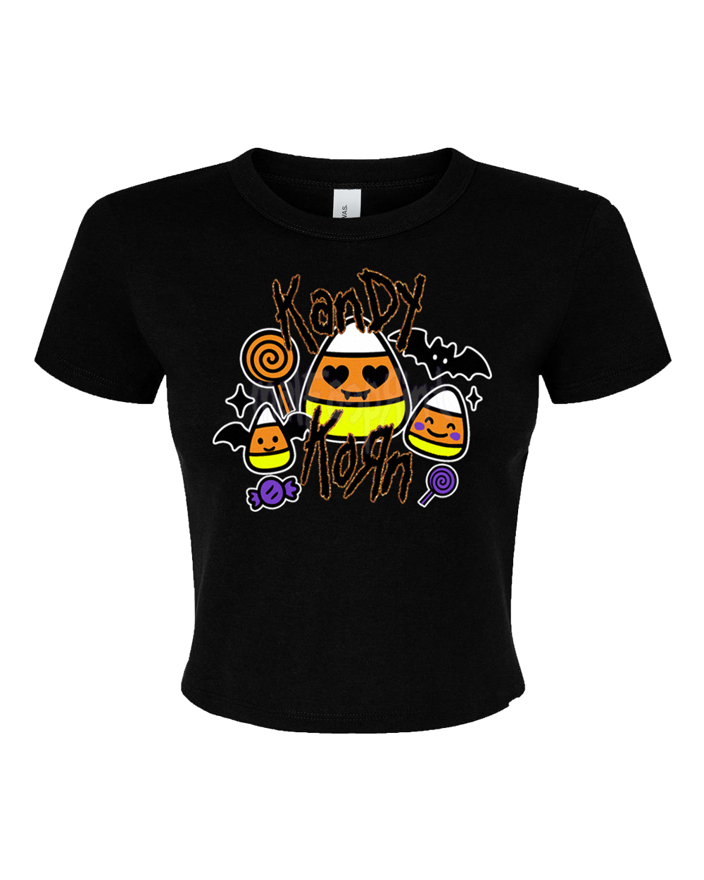 A black t-shirt with a Halloween-themed graphic design featuring candy corn, bats, and a bat-like character.