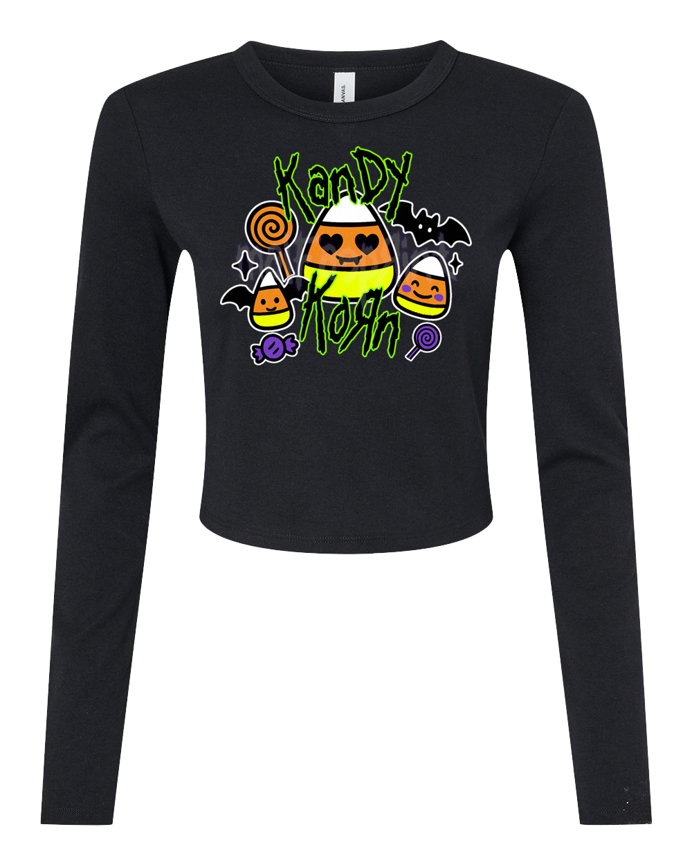 A black long-sleeved shirt with a graphic design featuring candy corn, bats, and a pumpkin with a face.