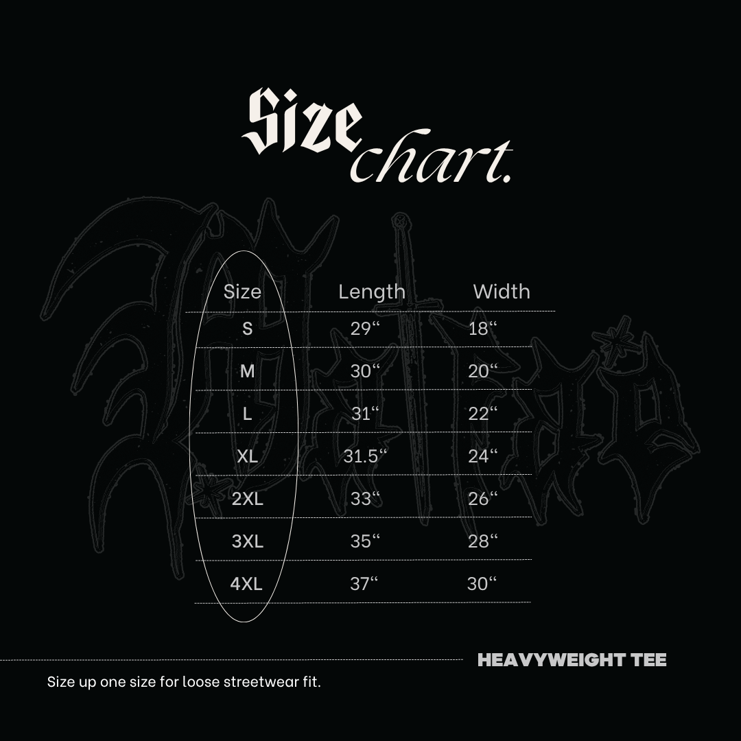 The image is a size chart for a heavyweight tee, providing measurements for different sizes (S, M, L, XL, 2XL, 3XL, 4XL) and corresponding widths (29", 30", 31", 32", 33", 34", 35"). The chart emphasizes the importance of loose streetwear fit and suggests that the viewer should consider the size up one size for a comfortable fit.