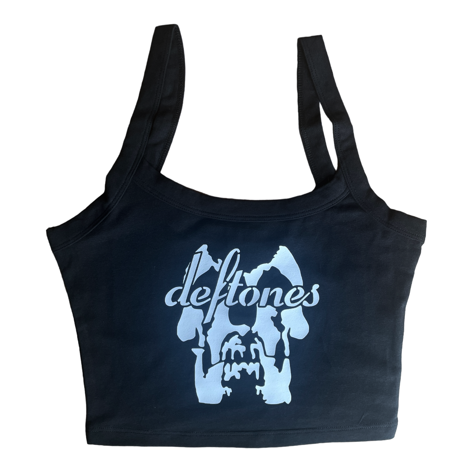 a black tote bag with the words deftones printed on it