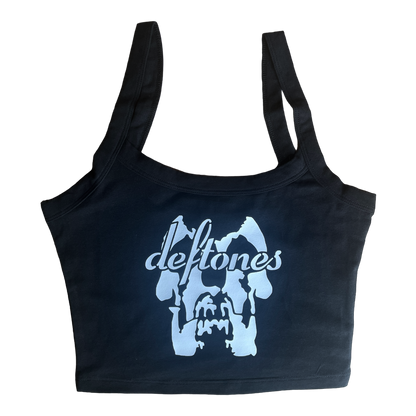 a black tote bag with the words deftones printed on it