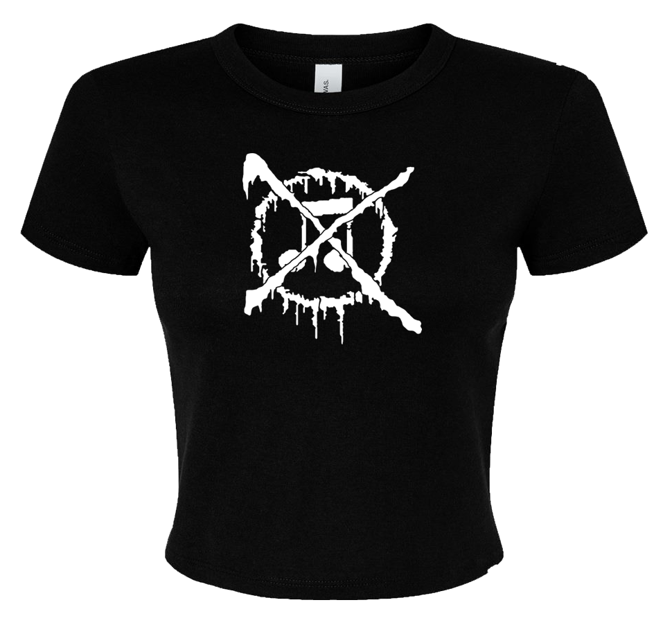 A black t-shirt with a white anti-music punk design on it.