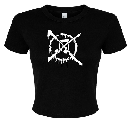 A black t-shirt with a white anti-music punk design on it.