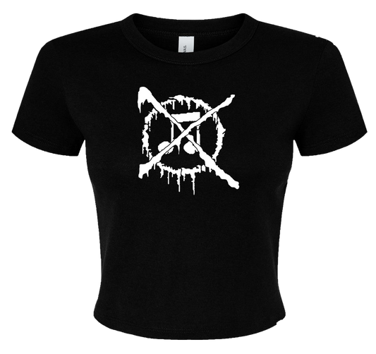 A black t-shirt with a white anti-music punk design on it.