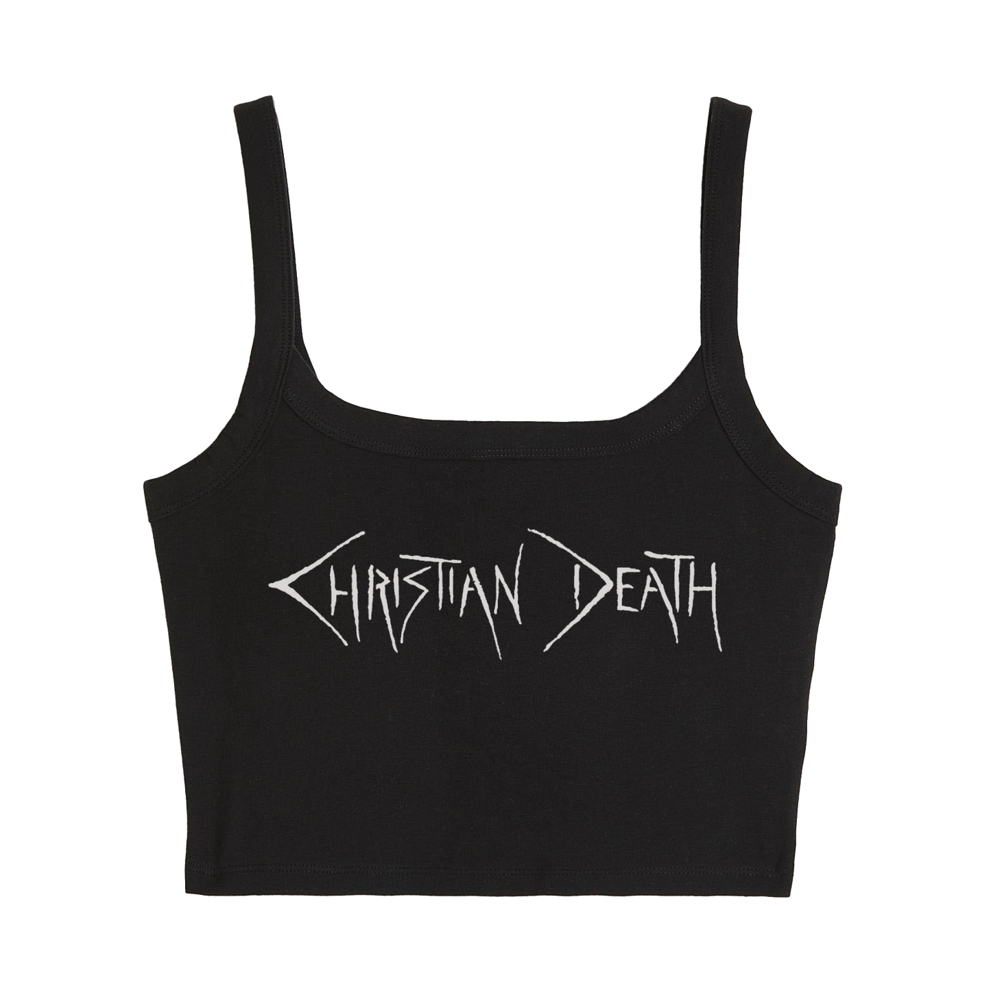 a black crop top with the word christian death printed on it