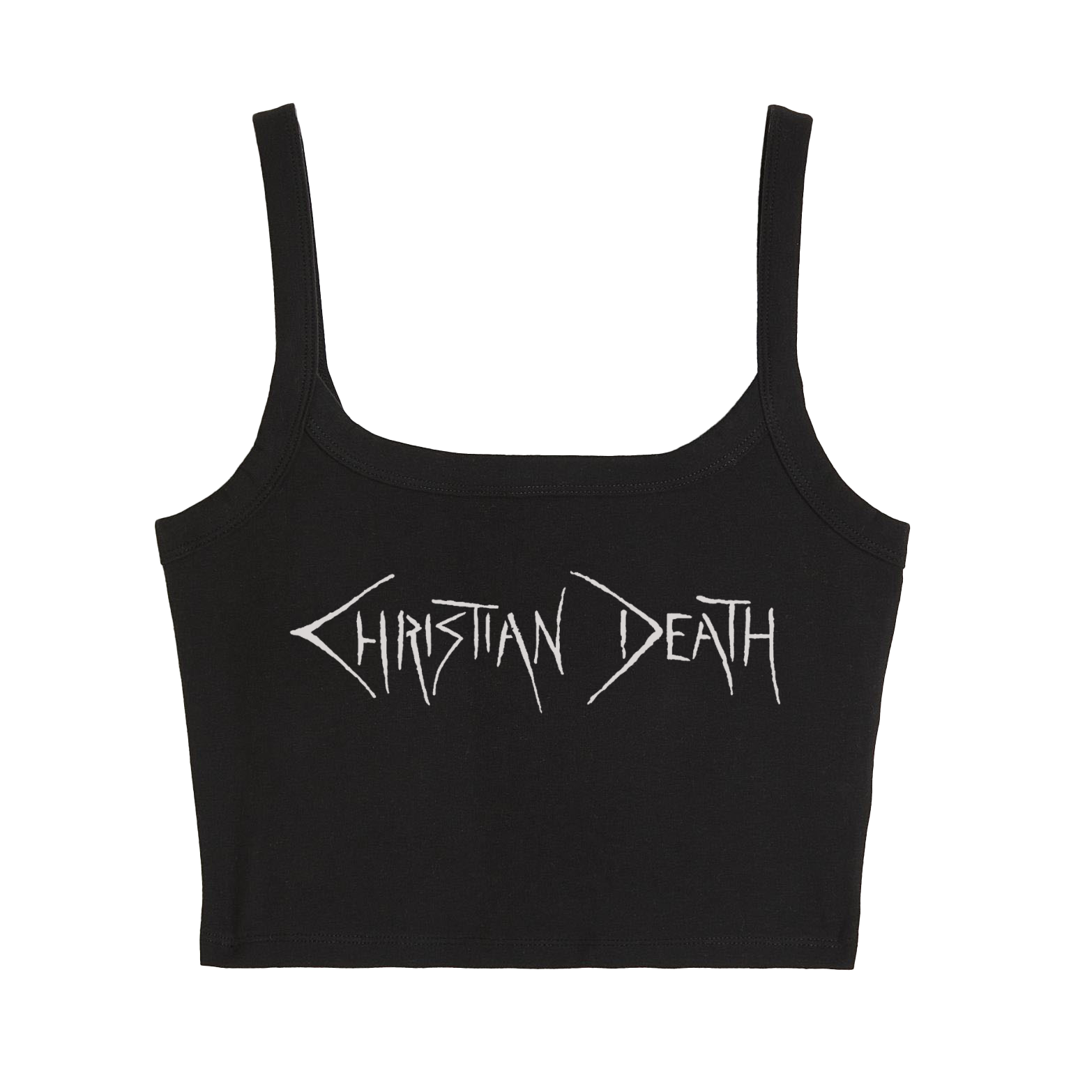 a black crop top with the word christian death printed on it