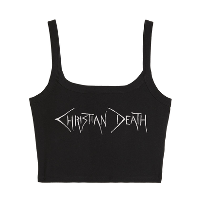 a black crop top with the word christian death printed on it