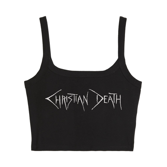 a black crop top with the word christian death printed on it