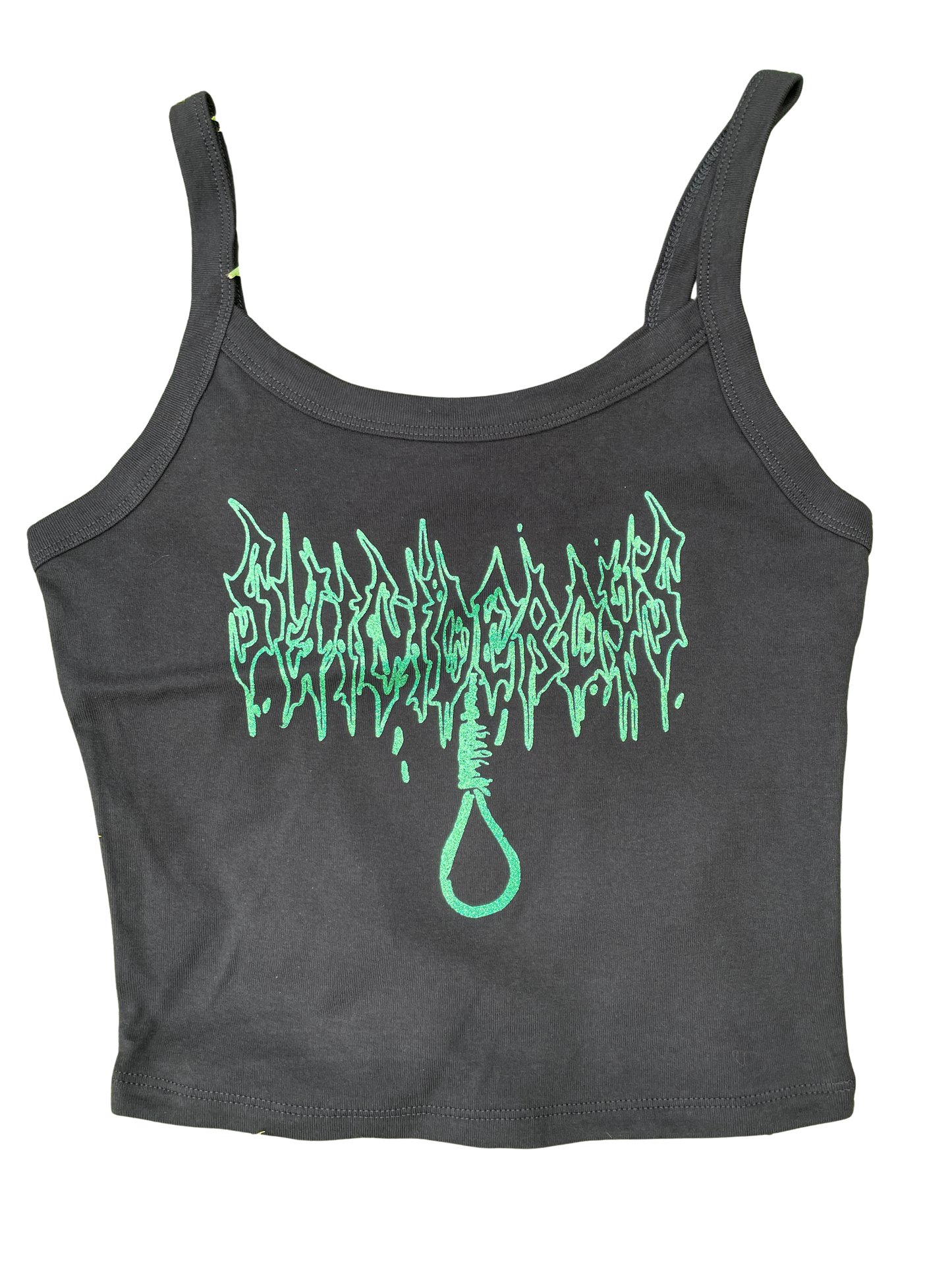 A gray tank top with a graphic design featuring a green flame-like pattern and a black loop.