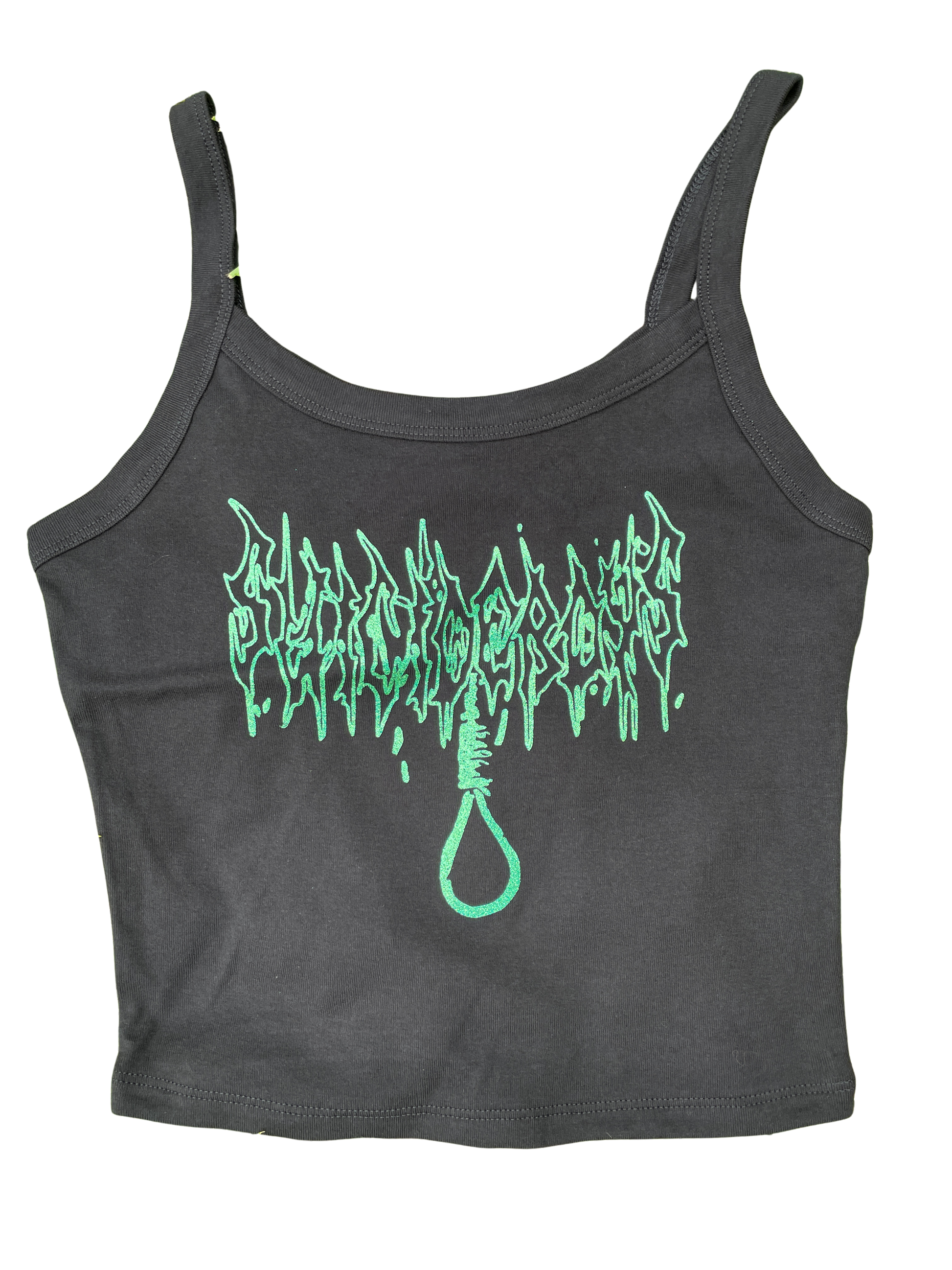 A gray tank top with a graphic design featuring a green flame-like pattern and a black loop.