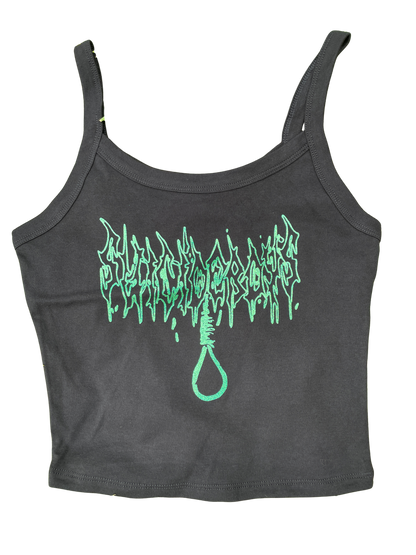 A gray tank top with a graphic design featuring a green flame-like pattern and a black loop.