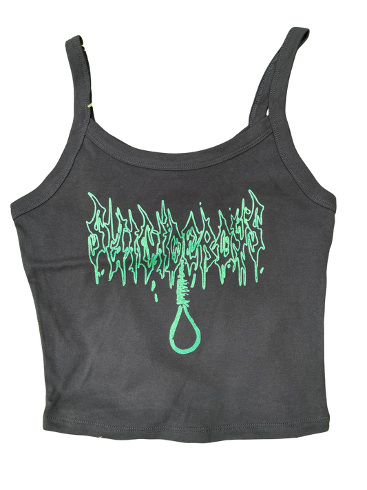 A gray tank top with a graphic design featuring a green flame-like pattern and a black loop.