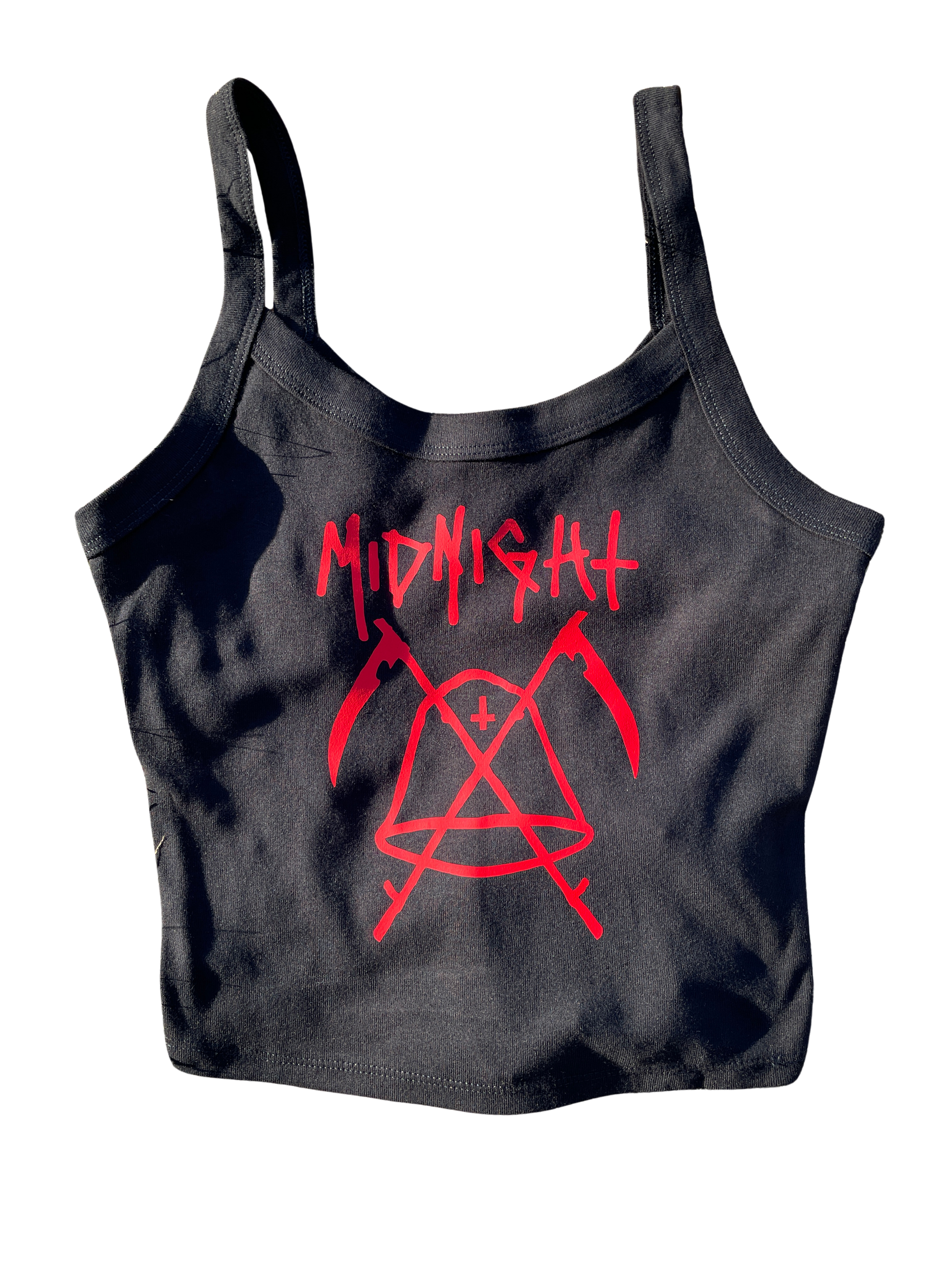 A gray tank top with a red graphic design on it.