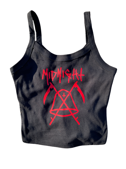 A gray tank top with a red graphic design on it.