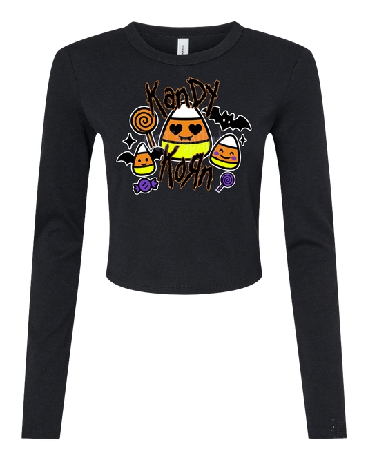 A black long-sleeved shirt with a Halloween-themed graphic design featuring a candy corn, a bat, and other Halloween-related elements.