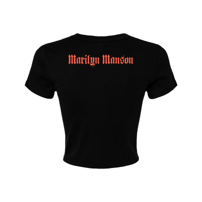 a women's black t - shirt with the word marilyn manson on it