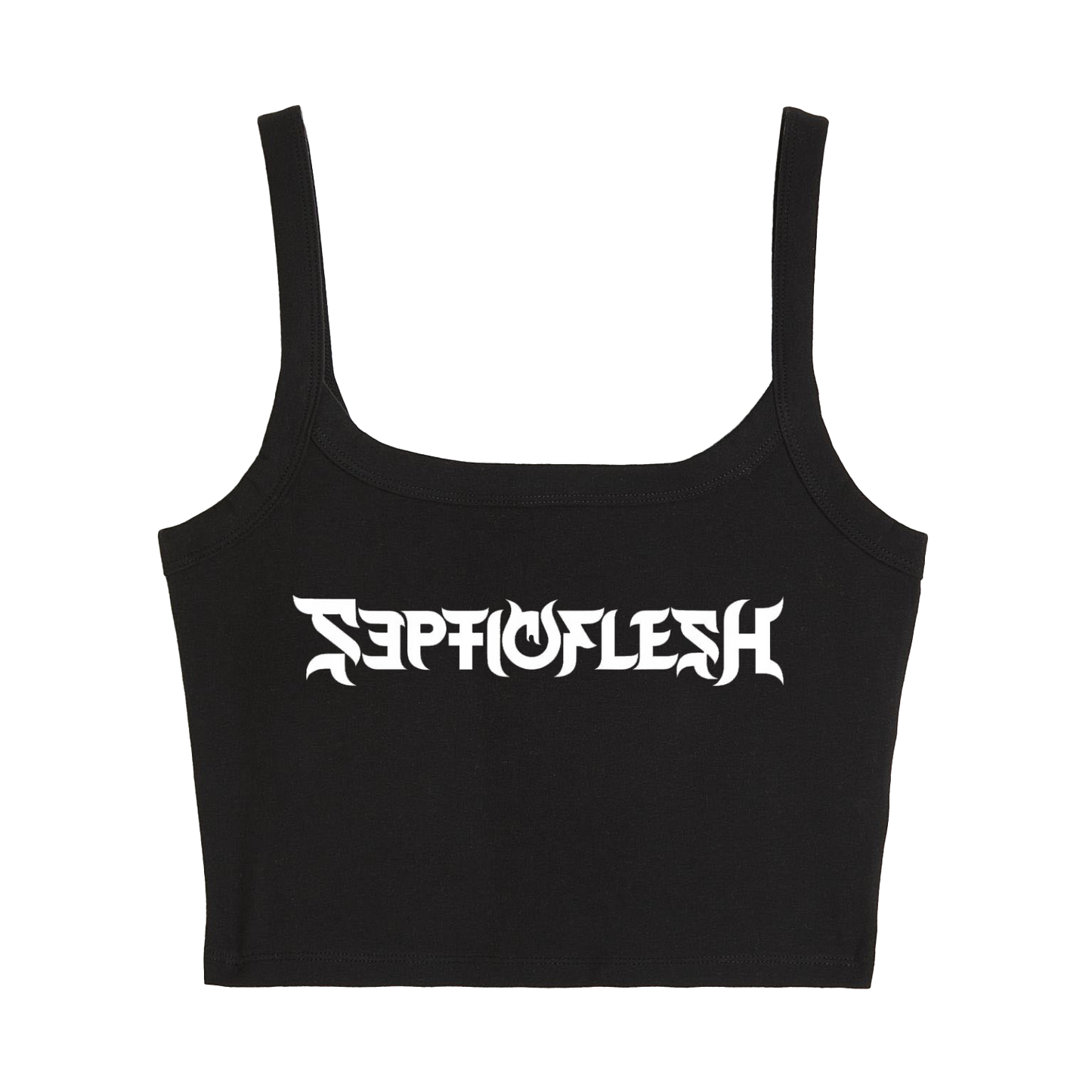 a black crop top with white lettering on the front