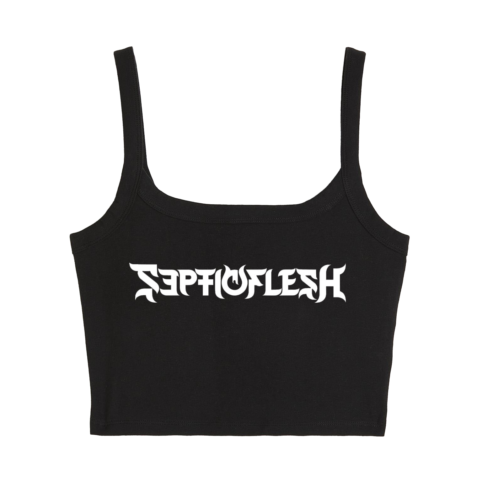 a black crop top with white lettering on the front