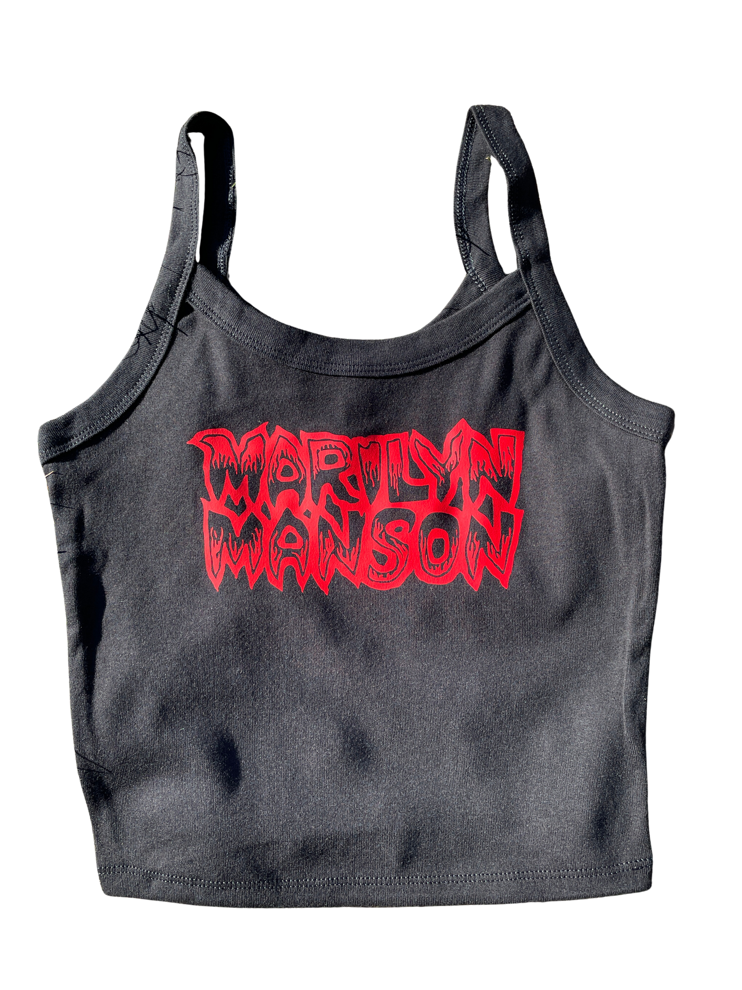 A gray crop top with the word "Marilyn" printed in red on it.