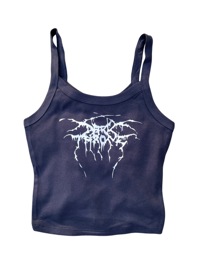 A dark blue crop top with a graphic design on the front.