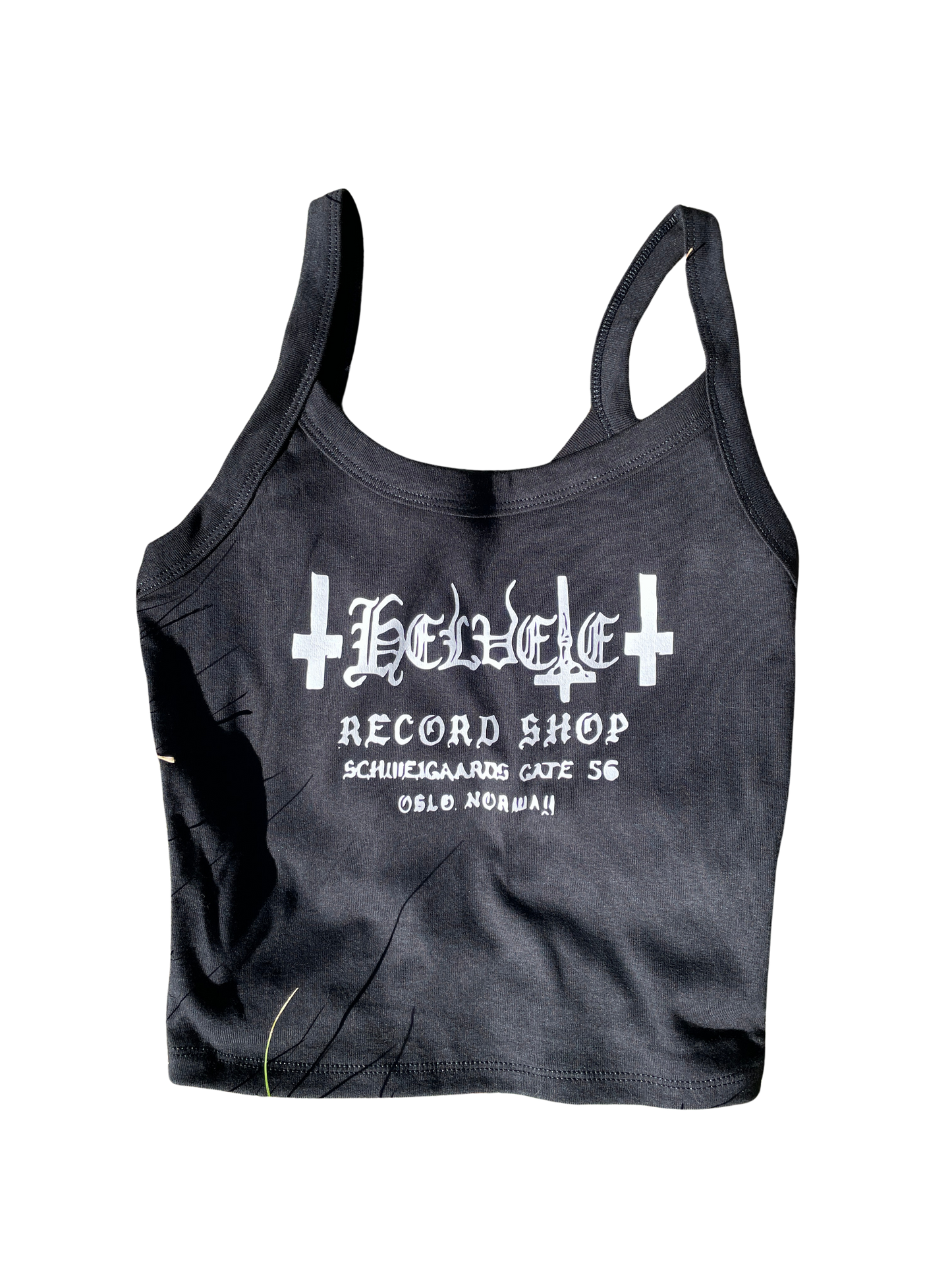 A black tank top with white text and graphics printed on it.