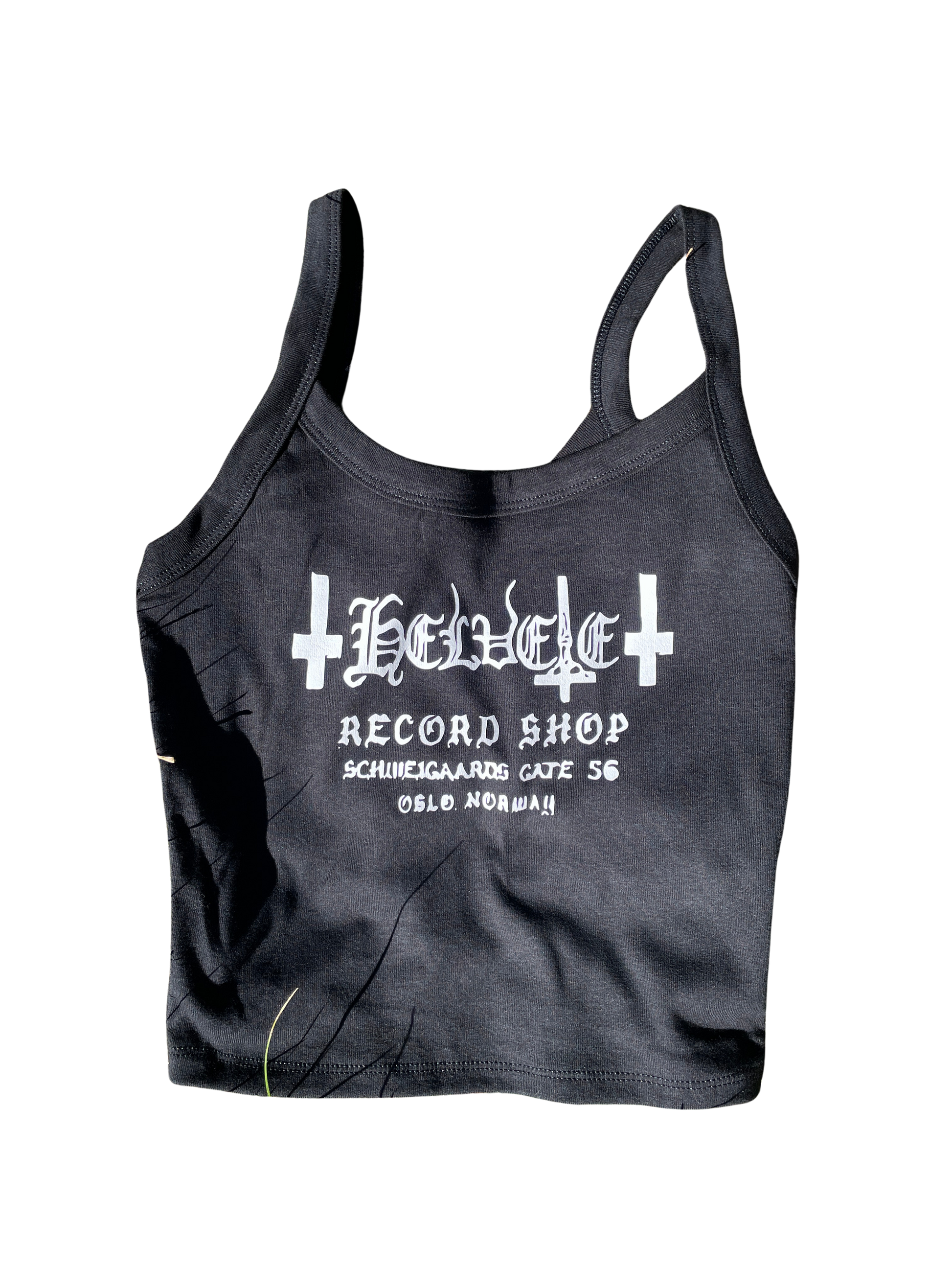 A black tank top with white text and graphics printed on it.
