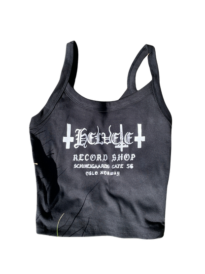A black tank top with white text and graphics printed on it.
