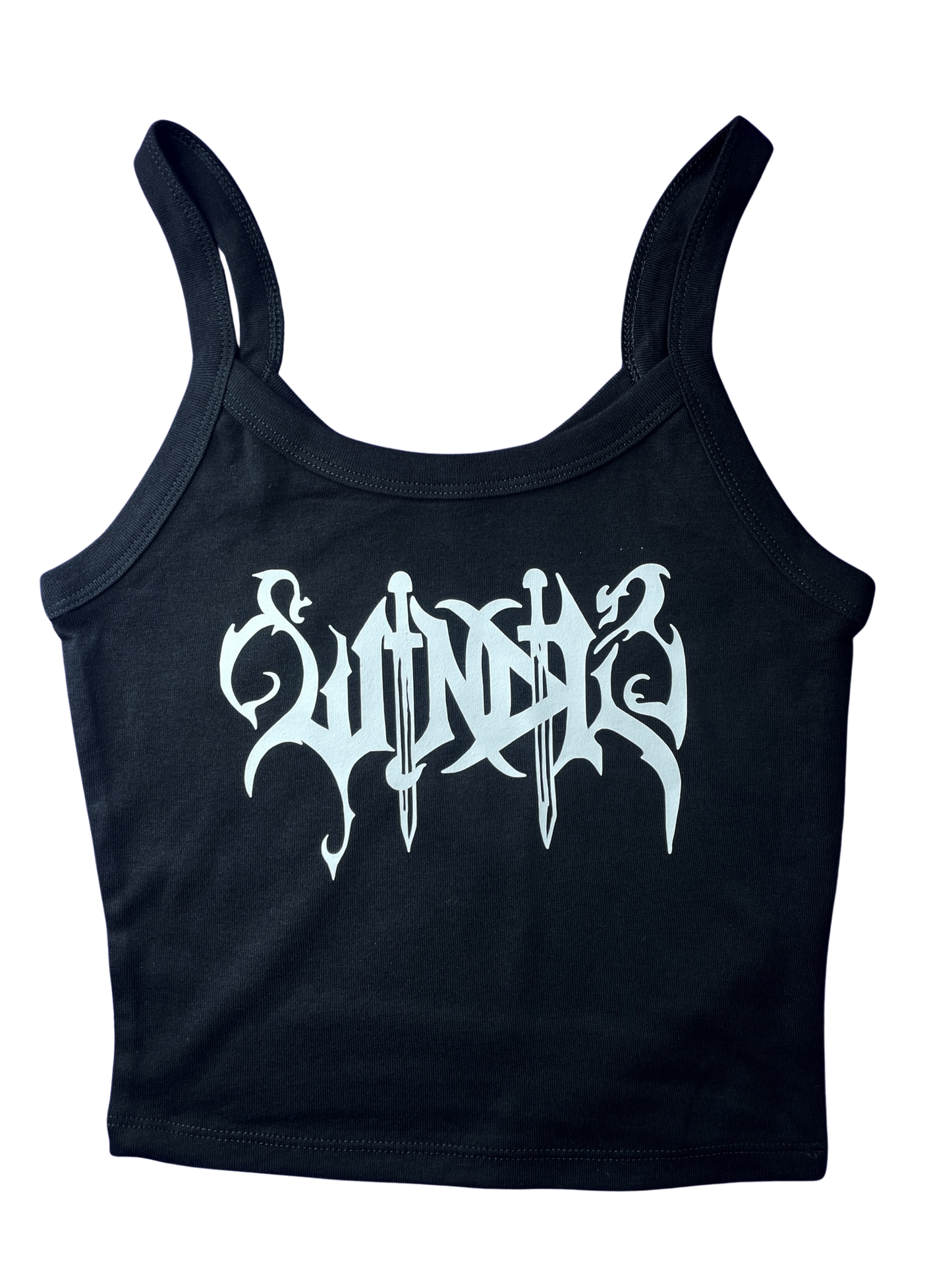 A black tank top with a white graphic design on it.