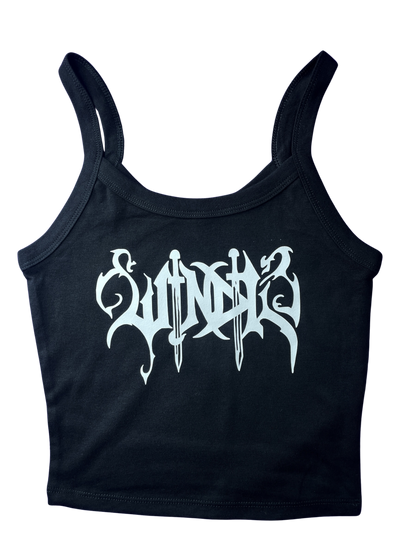 A black tank top with a white graphic design on it.