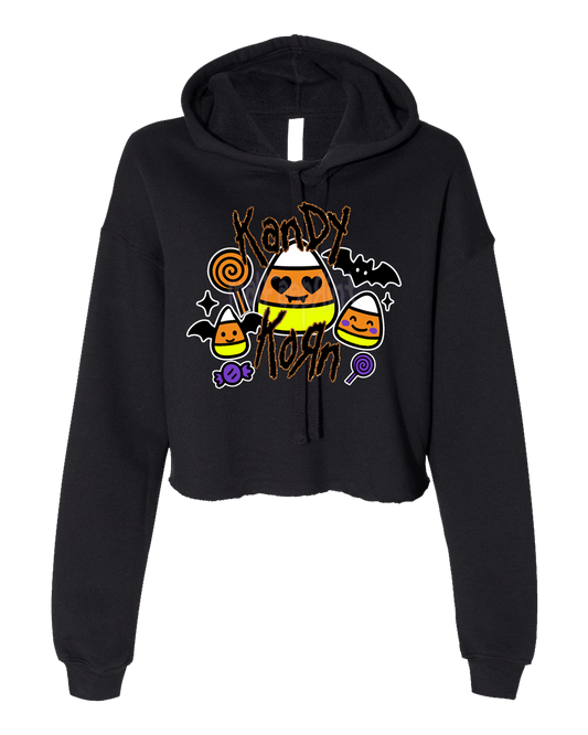A black hoodie with a Halloween-themed graphic design featuring candy corn, bats, and a bat-like character.