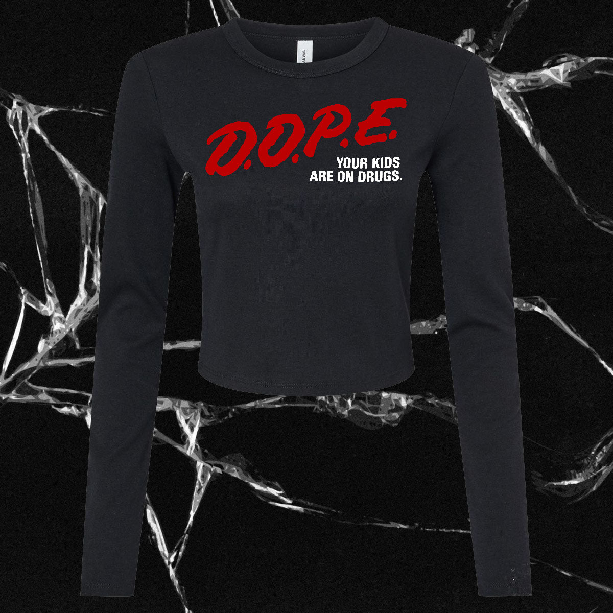 a black shirt with a red dope on it