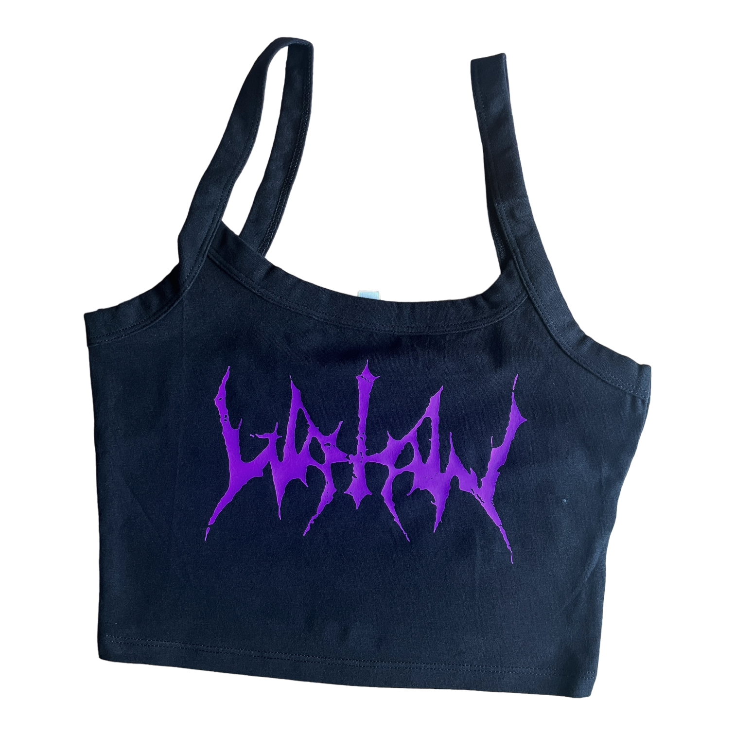 a black bag with purple writing on it