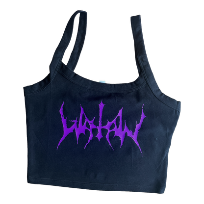 a black bag with purple writing on it