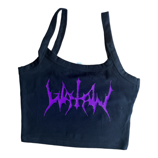 a black bag with purple writing on it