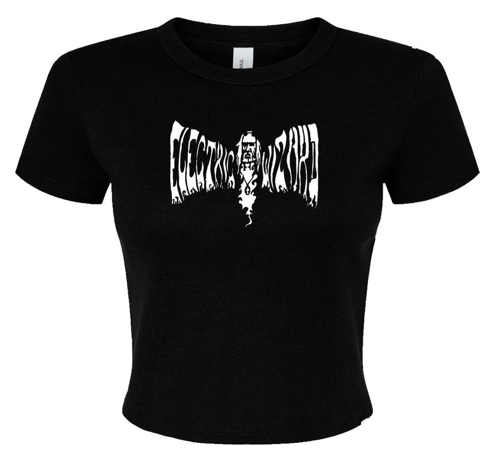 Black cropped tank top with Electric Wizard logo in dripping white horror font. Doom metal band merch inspired alt fashion piece.