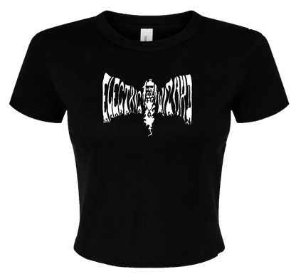 Black cropped tank top with Electric Wizard logo in dripping white horror font. Doom metal band merch inspired alt fashion piece.