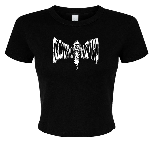 Black cropped tank top with Electric Wizard logo in dripping white horror font. Doom metal band merch inspired alt fashion piece.