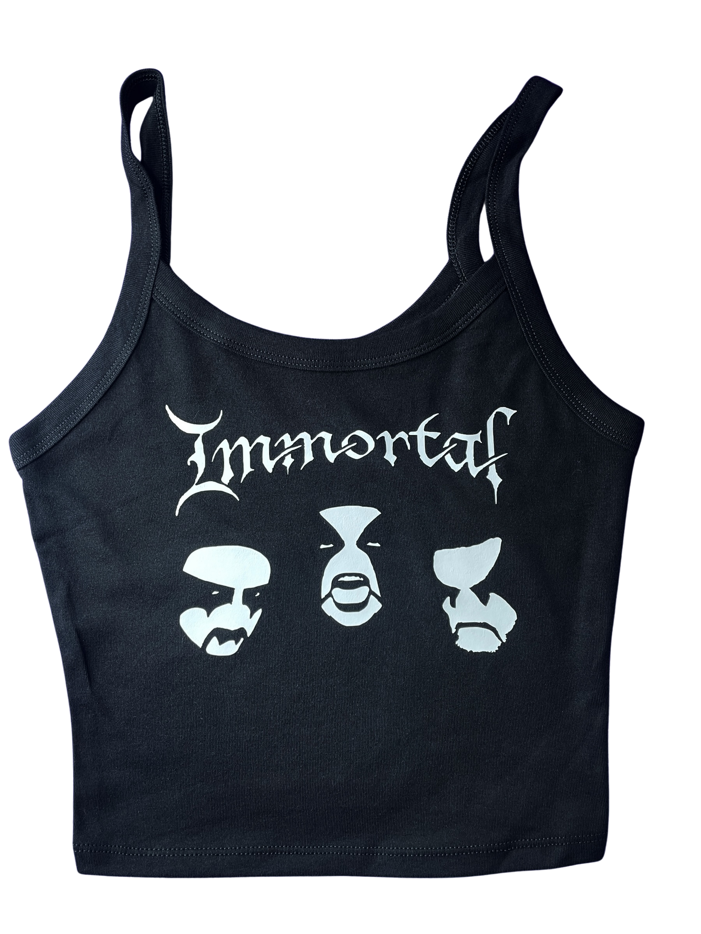 A black tank top with the word "Immortals" printed on it in white text.