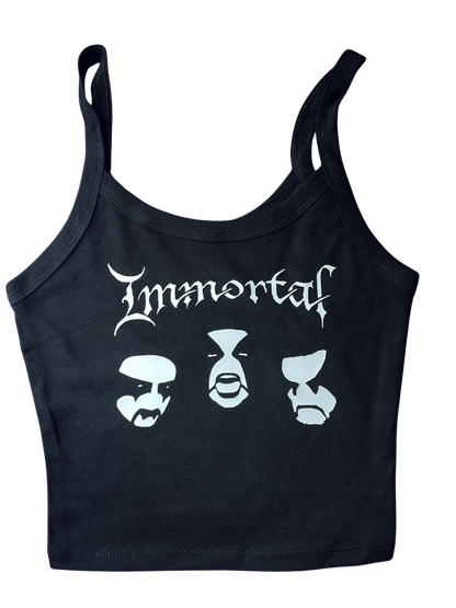 A black tank top with the word "Immortals" printed on it in white text.