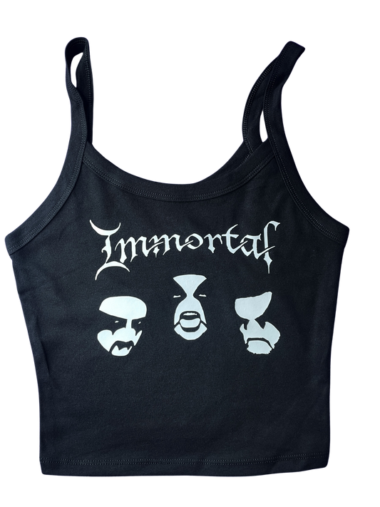 A black tank top with the word "Immortals" printed on it in white text.