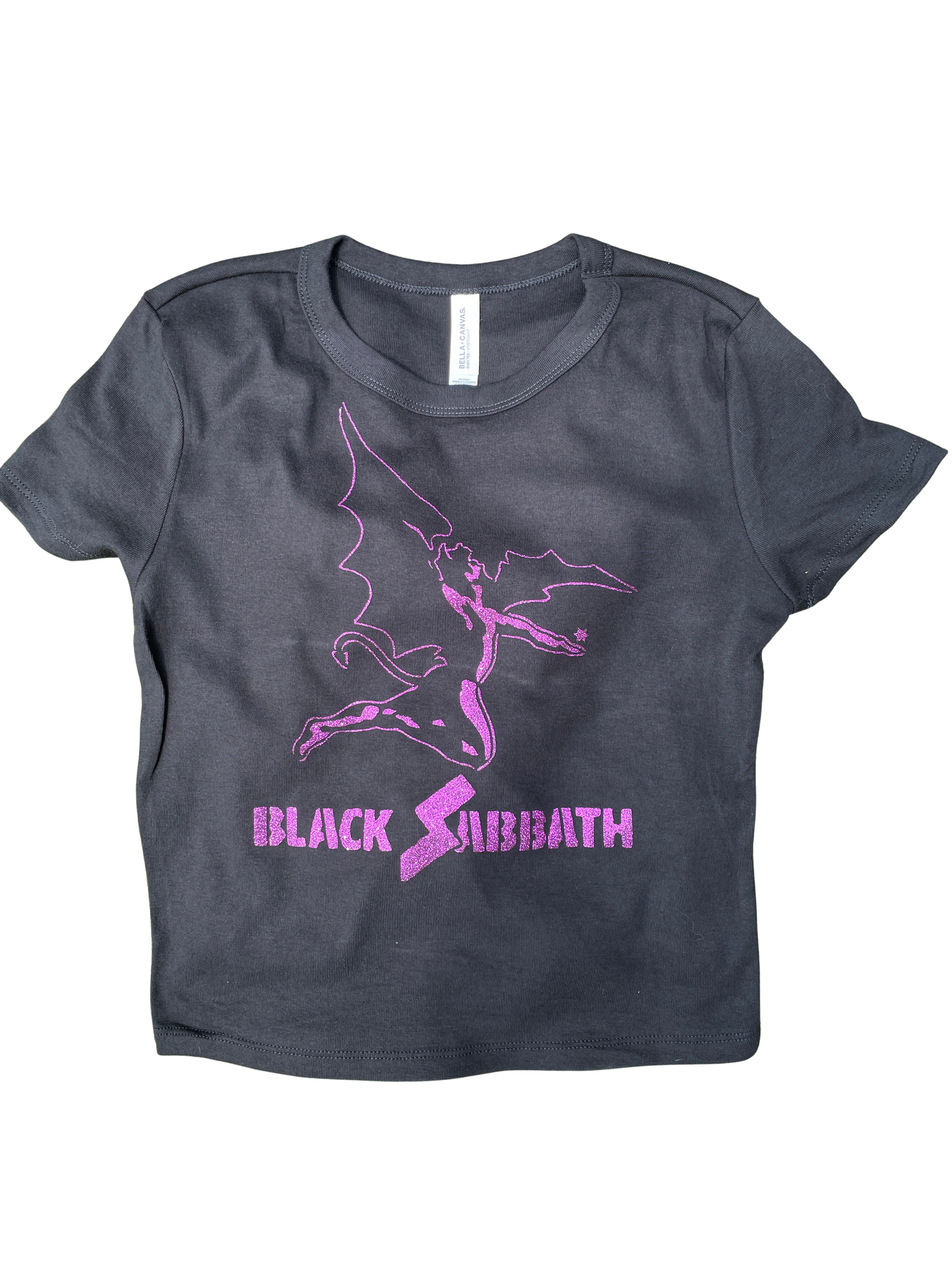 A gray t-shirt with a graphic design featuring a bat-like figure and the text "BLACK SIBBATH" printed on it.