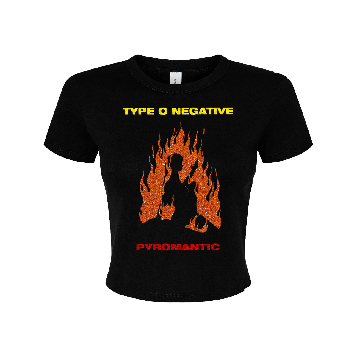 a black t - shirt with a picture of a man on fire