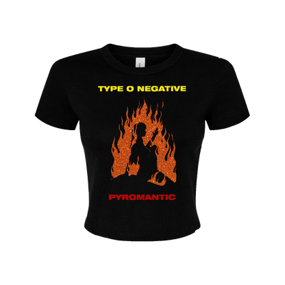 a black t - shirt with a picture of a man on fire