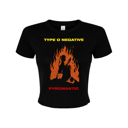 a black t - shirt with a picture of a man on fire