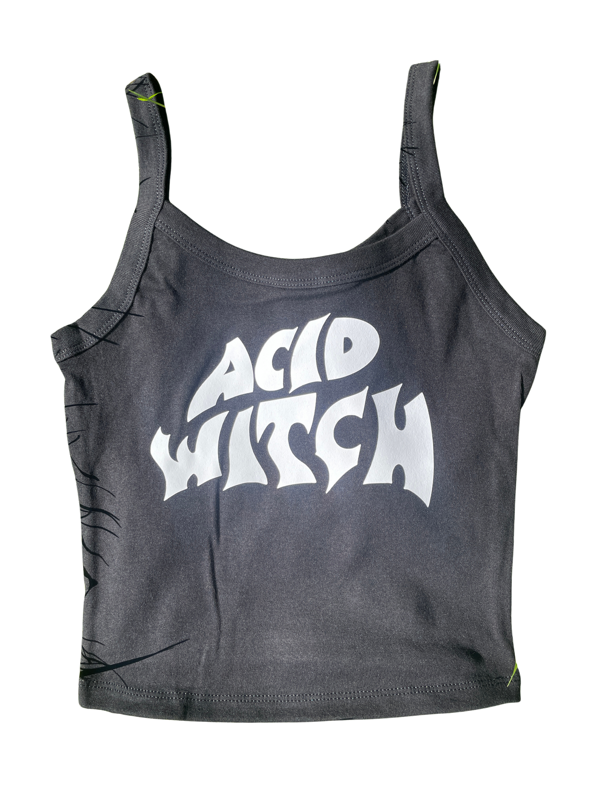 A gray tank top with the text "ACID WITCH" printed on it in a stylized font.