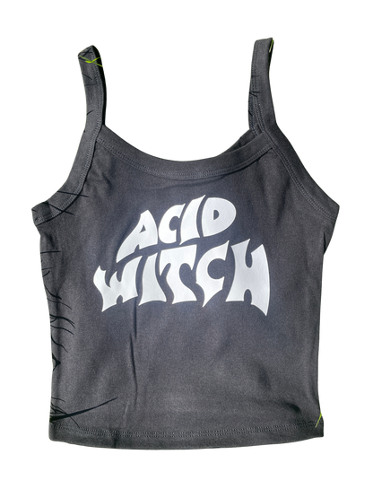 A gray tank top with the text "ACID WITCH" printed on it in a stylized font.