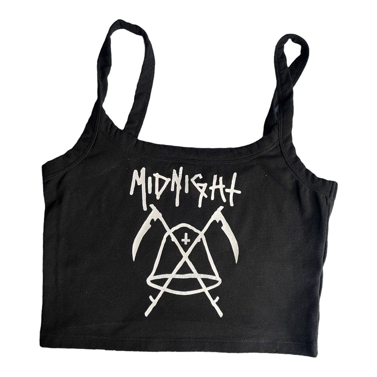 a black crop top with the words midnight on it