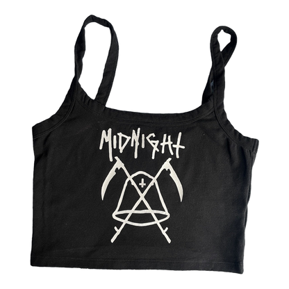 a black crop top with the words midnight on it